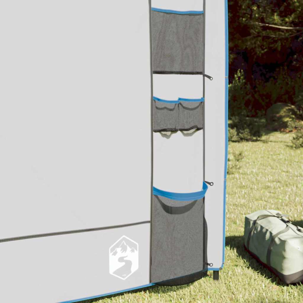 Detail van de vidaXL Hangende Tentorganiser met opbergvakken en een grijs-blauwe afwerking.