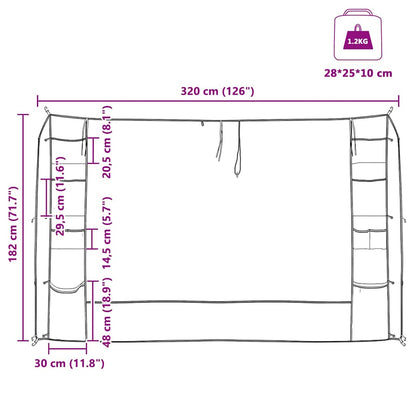 Detail van de vidaXL Hangende Tentorganiser met afmetingen en opbergvakken.