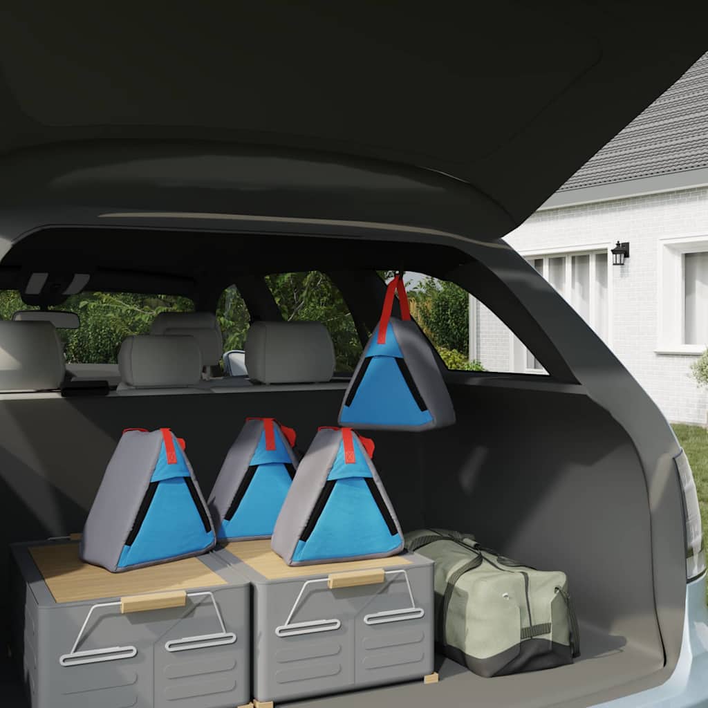 Detail van vier vidaXL opslagzakken in grijs en blauw, netjes opgeborgen in de achterbak van een auto.