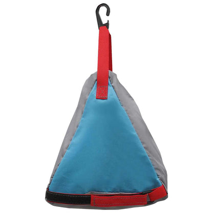 Zijaanzicht van de vidaXL opslagzak in grijs en blauw met rode handgreep.