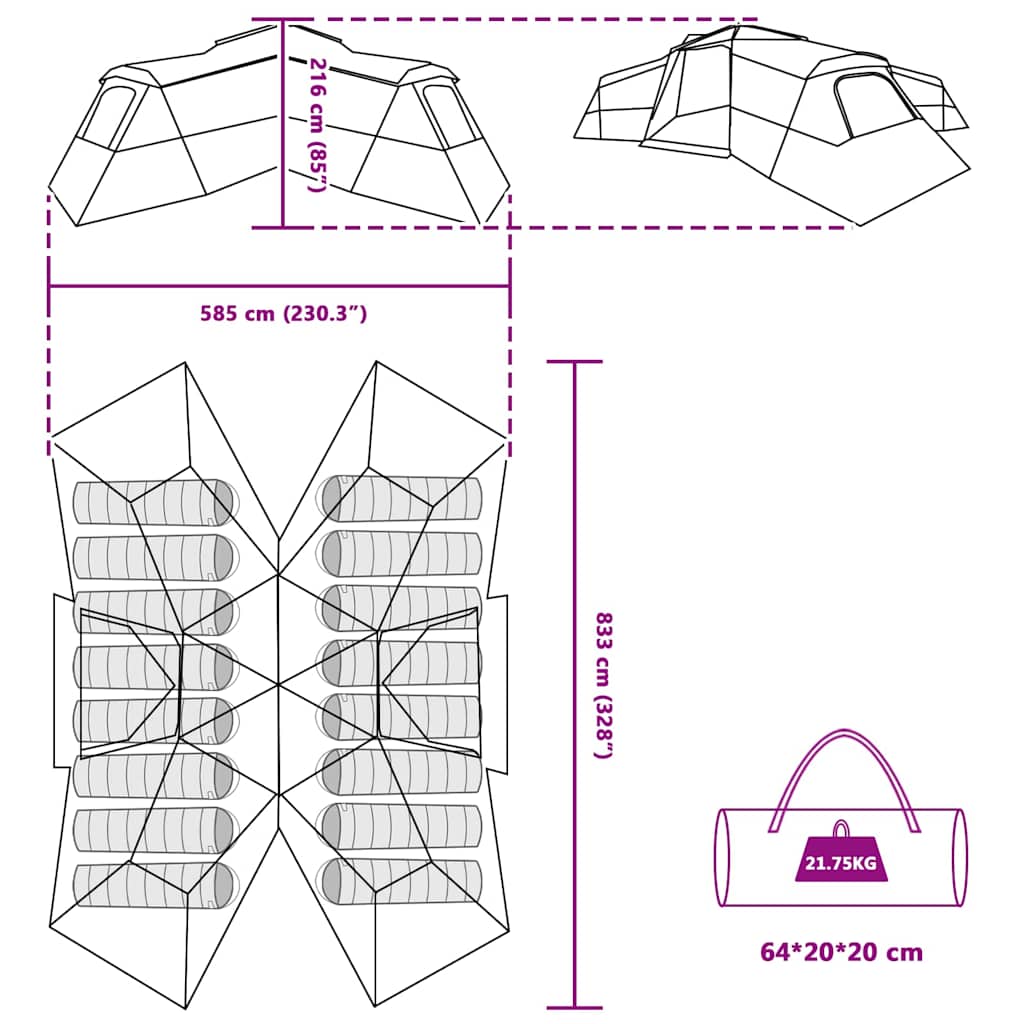 Detailtekening van de vidaXL gezinstent met afmetingen en indeling van de kamers.