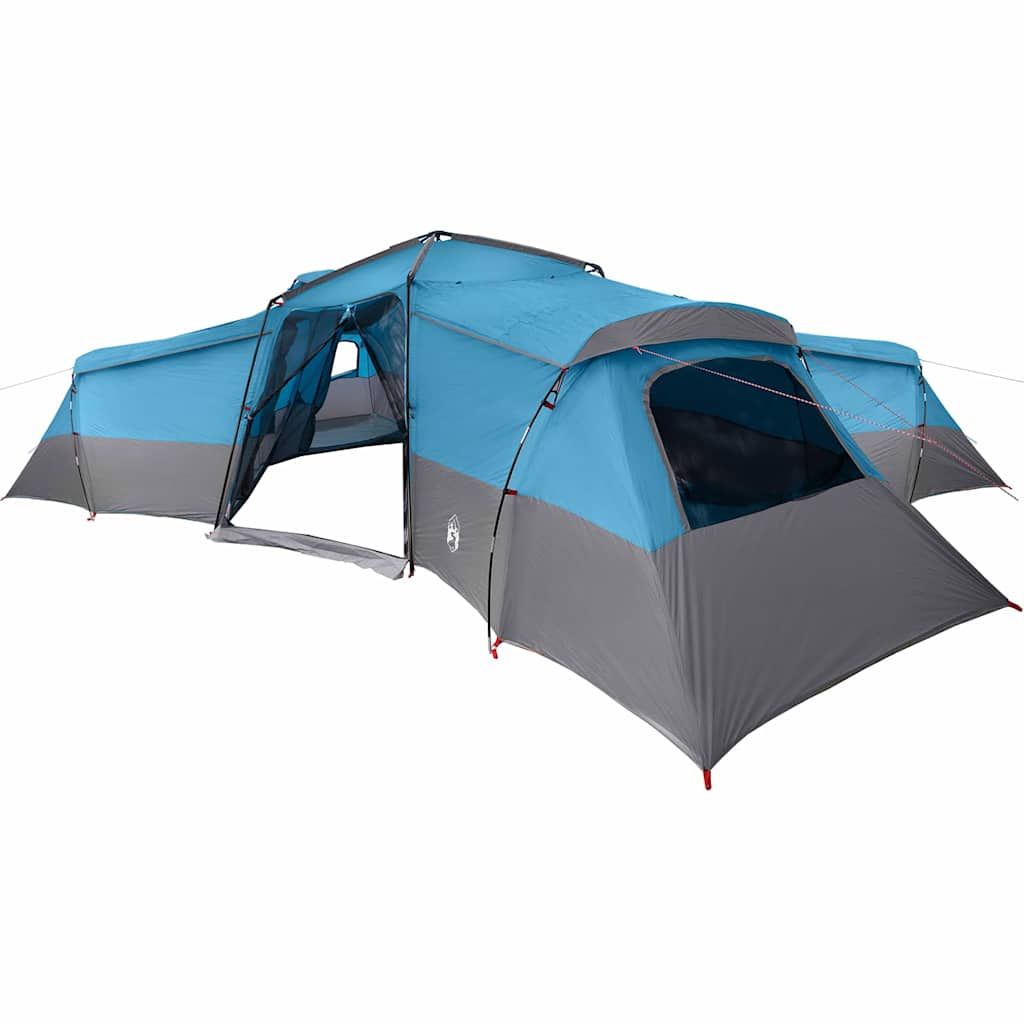 Zijaanzicht van de vidaXL Gezinstent in blauw met grijze accenten en meerdere ingangen.
