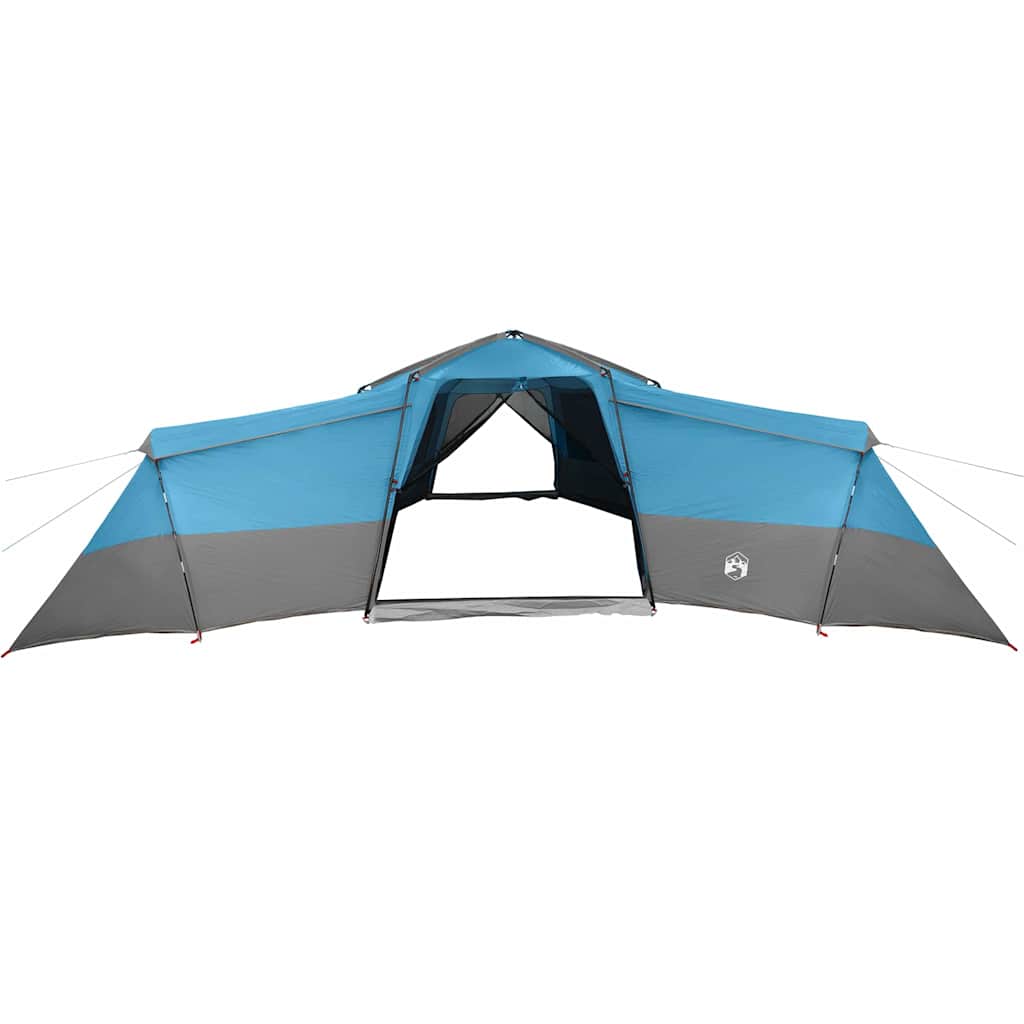 Zijaanzicht van de vidaXL gezinstent in blauw met grijze accenten en open ingang.