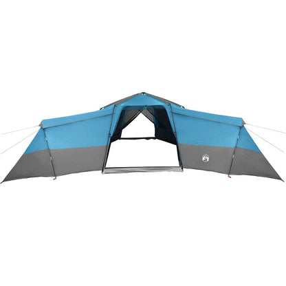 Zijaanzicht van de vidaXL gezinstent in blauw met grijze accenten en open ingang.