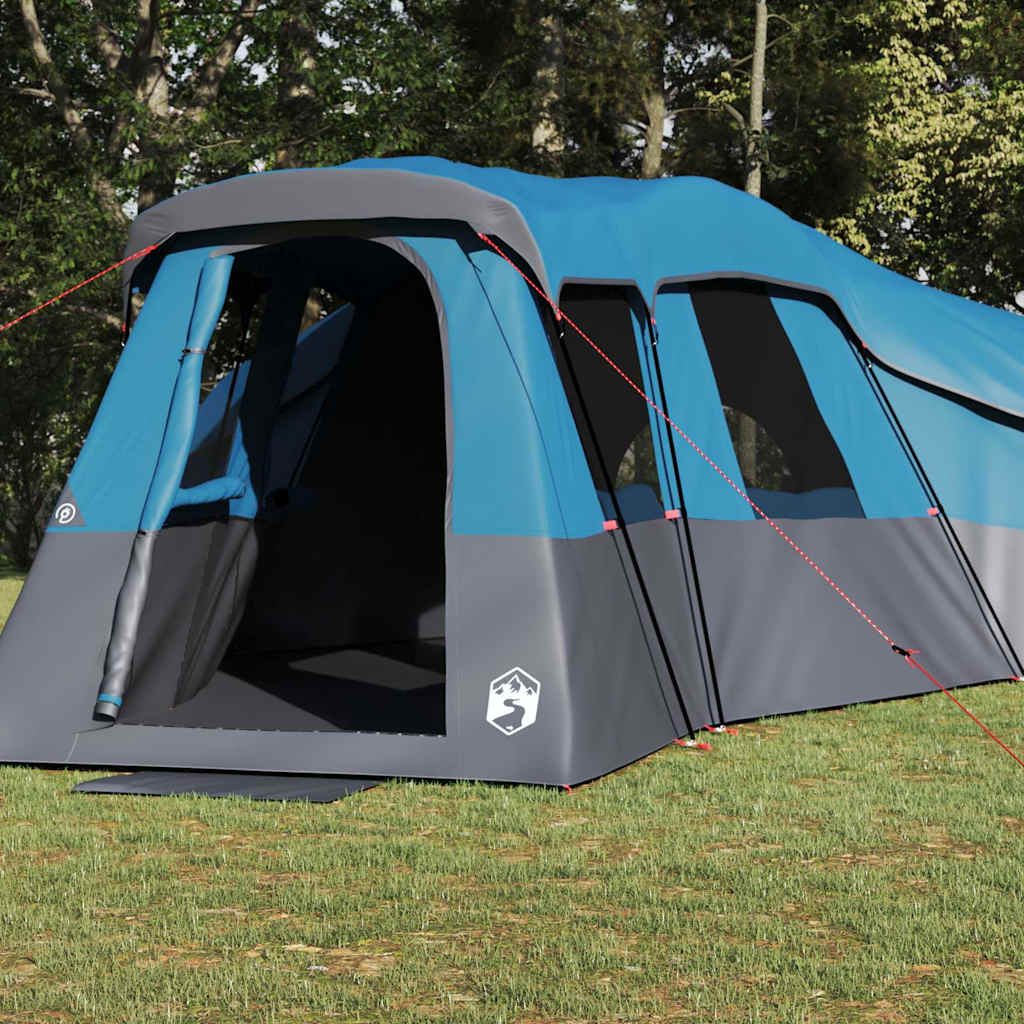 Zijaanzicht van de vidaXL gezinstent in blauw met open ingang en ventilatie.