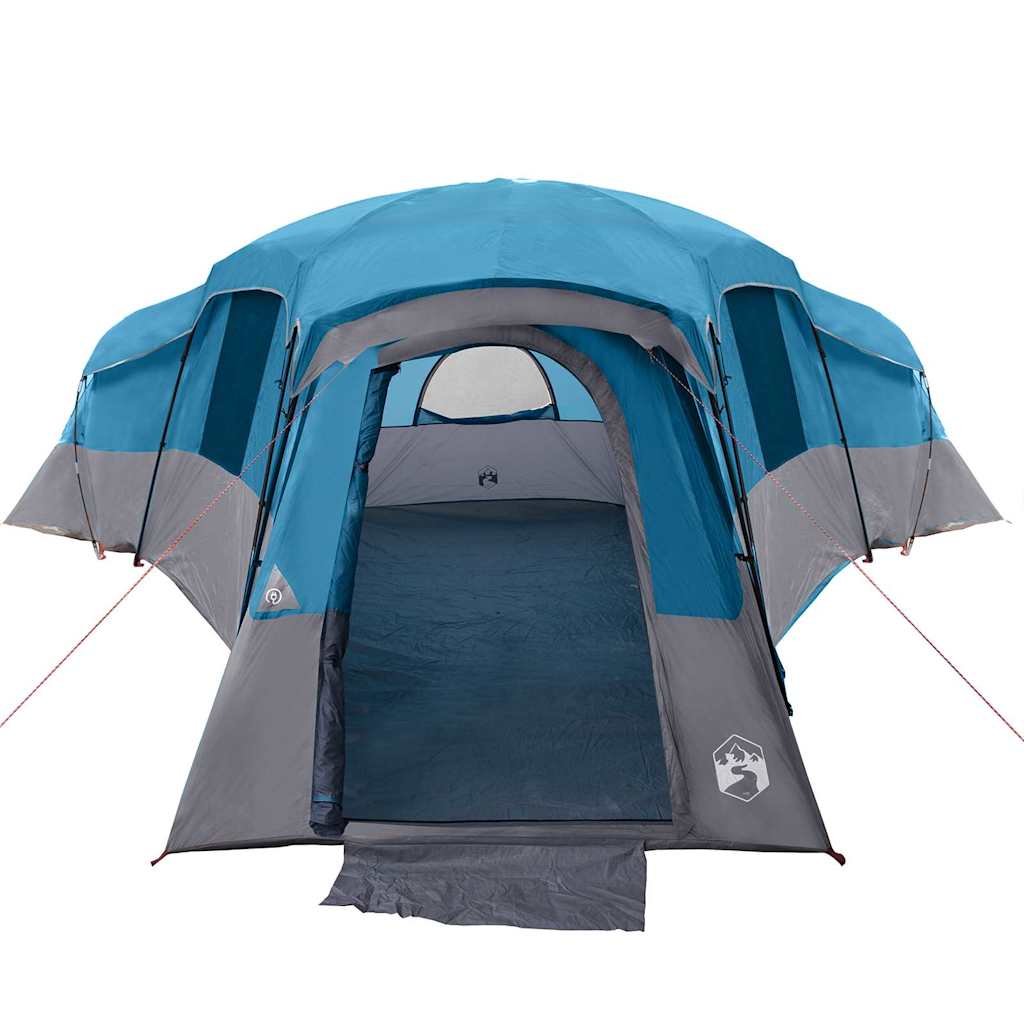 Zijaanzicht van de vidaXL gezinstent in blauw met open ingang en ventilatieroosters.