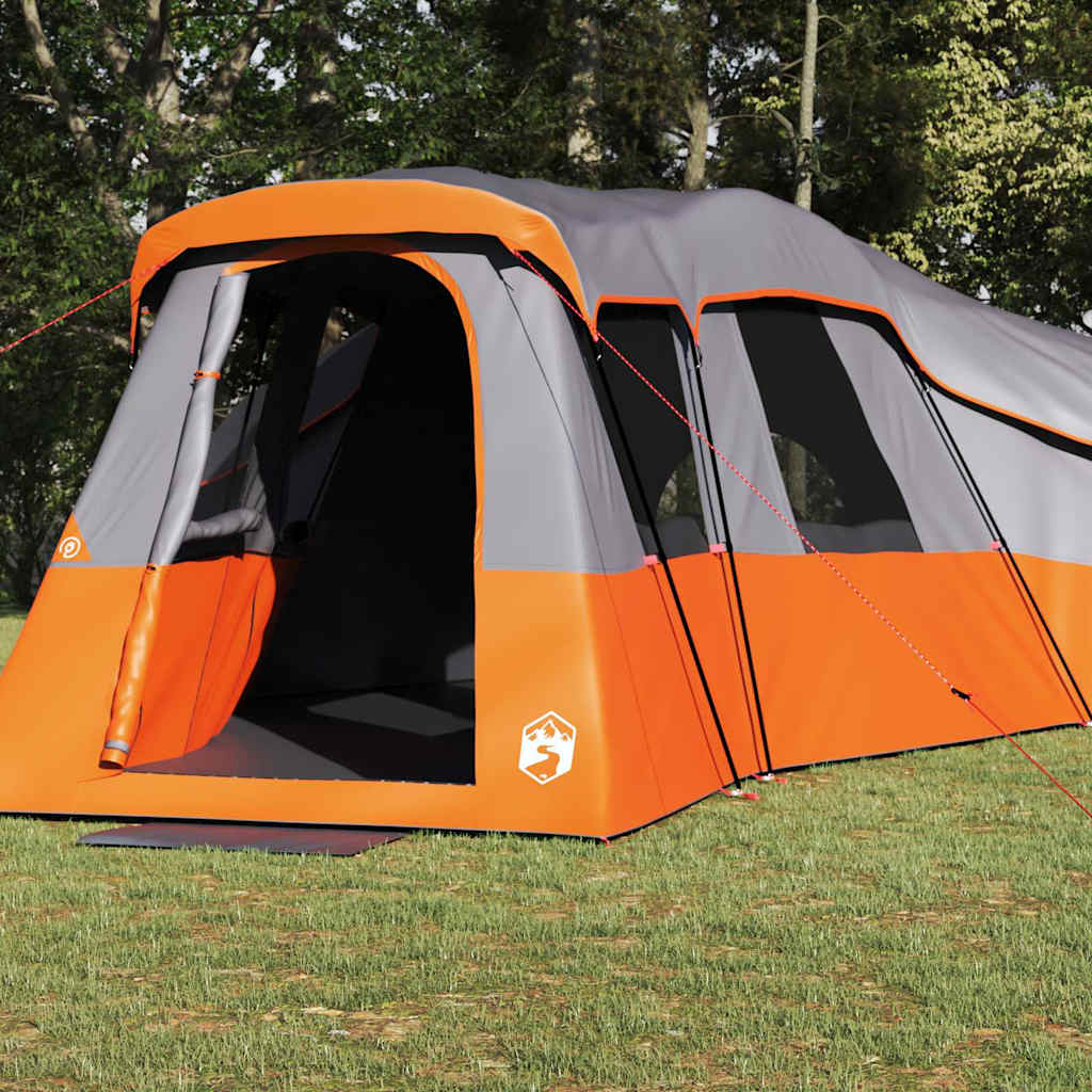 Detail van de grijze en oranje vidaXL gezinstent met open ingang en goede ventilatie.