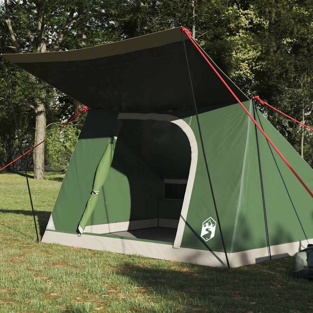 Zijaanzicht van de vidaXL camping tent met groen dak en open ingang.