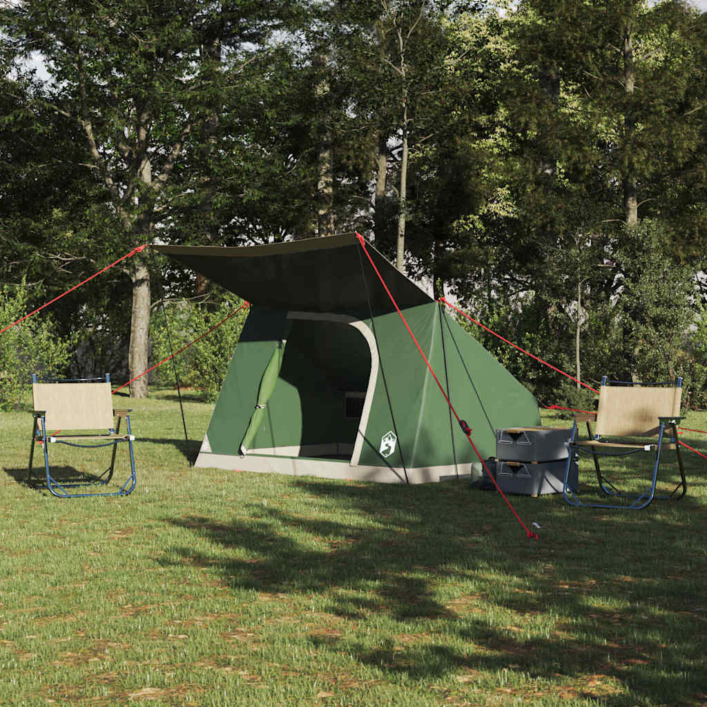 vidaXL Camping Tent in groen met dak, opgesteld in een groene omgeving met twee stoelen.