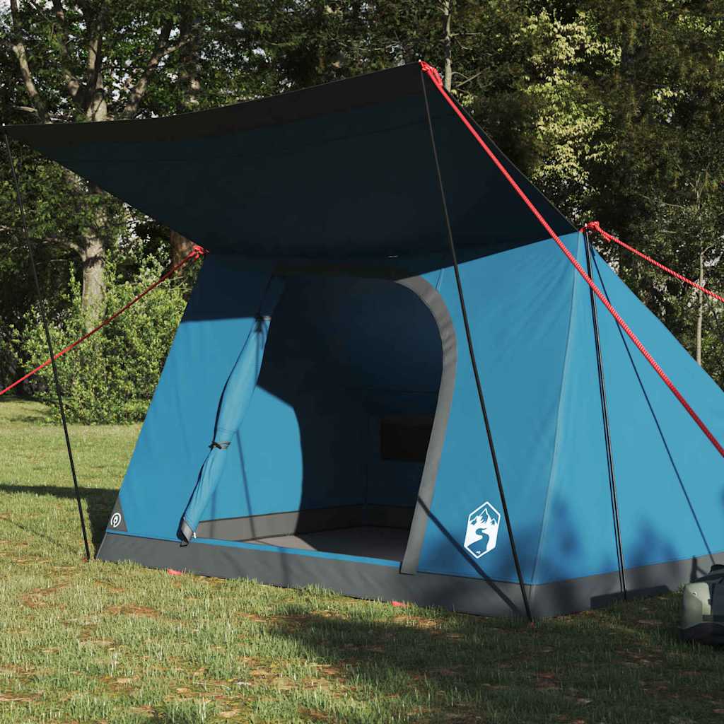 Zijaanzicht van de blauwe vidaXL campingtent met open deur en luifel.