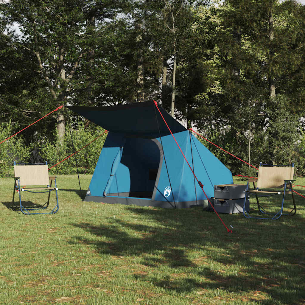 Blauwe vidaXL camping tent met opbergmogelijkheden, opgesteld in een groene omgeving.
