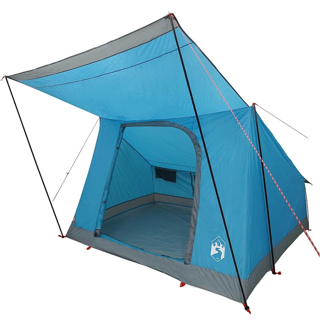 Zijaanzicht van de blauwe vidaXL campingtent met opbergvak en E-poort.