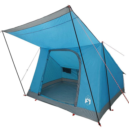 Zijaanzicht van de blauwe vidaXL campingtent met opbergvak en E-poort.