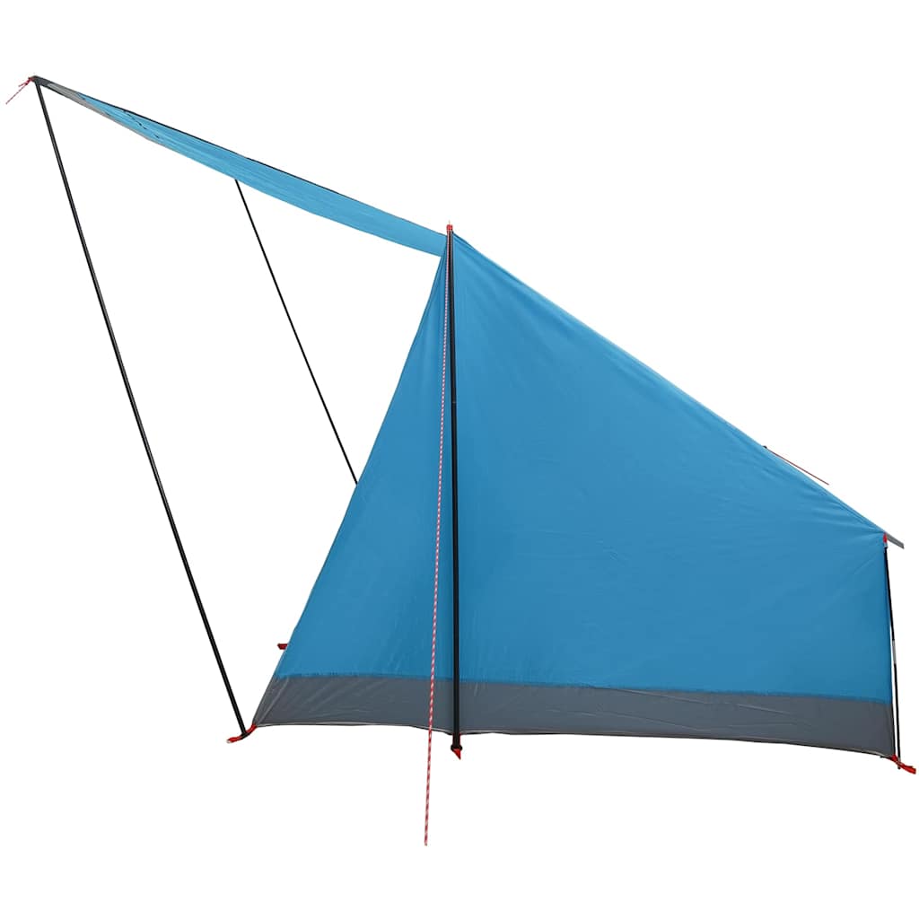 Zijaanzicht van de blauwe vidaXL camping tent met een schuin dak en stevige stokken.