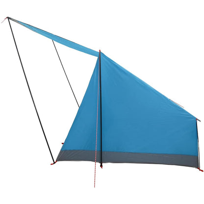 Zijaanzicht van de blauwe vidaXL camping tent met een schuin dak en stevige stokken.