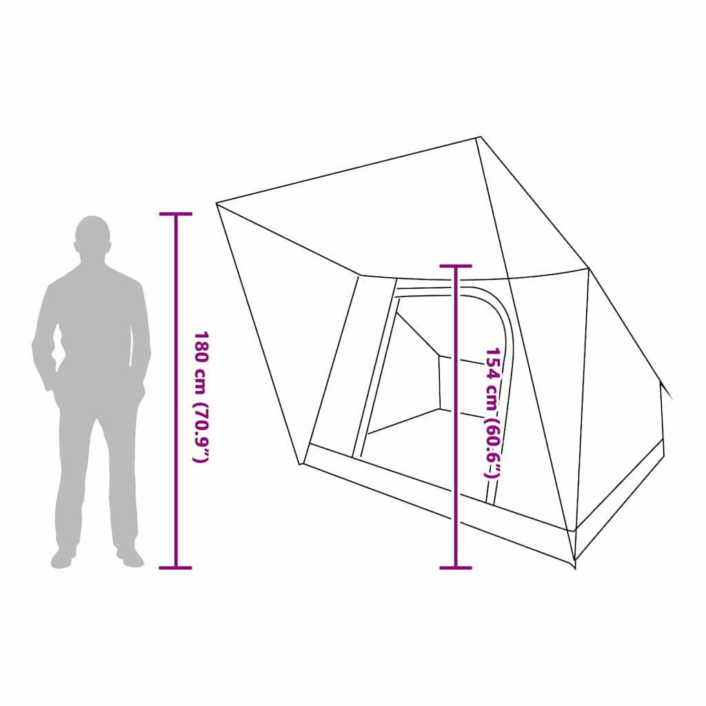 Zijaanzicht van de vidaXL Camping Tent met afmetingen en E-poort voor elektrische toegang.