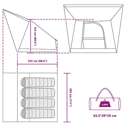 Detail van de afmetingen en opslagcapaciteit van de vidaXL Camping Tent in blauw.