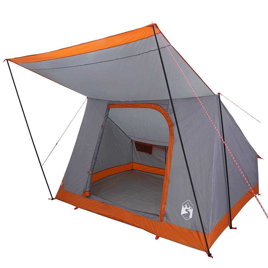 Detail van de vidaXL camping tent in grijs en oranje, met opstaand dak en E-poort.