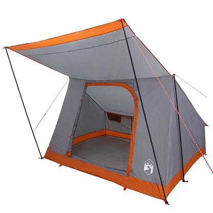 Detail van de vidaXL camping tent in grijs en oranje, met opstaand dak en E-poort.