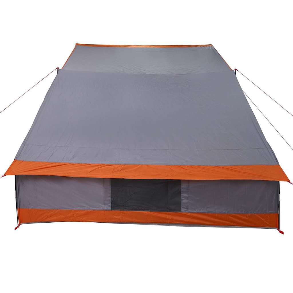 Detail van de grijze en oranje vidaXL camping tent met afgeschuinde daklijn.