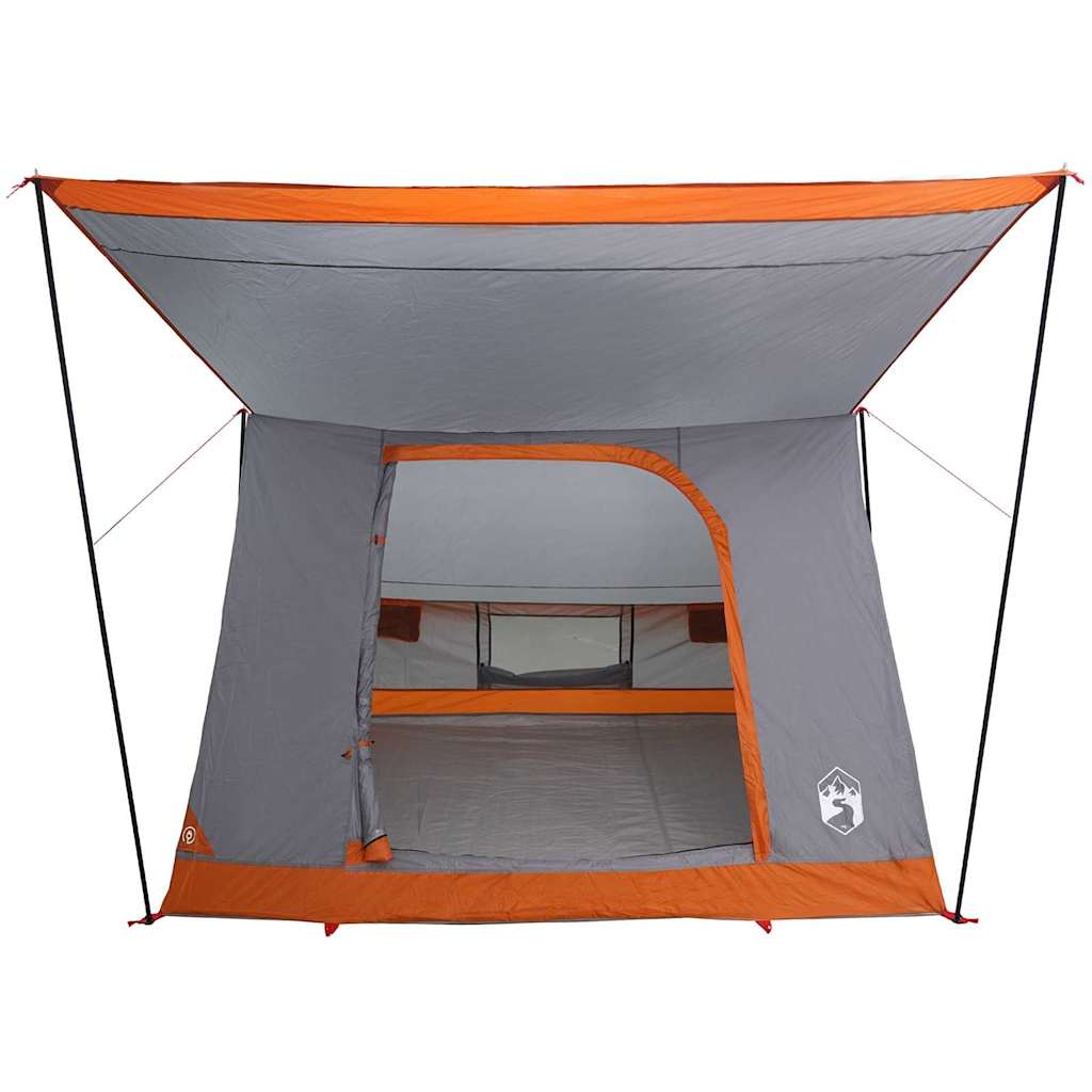 Zijaanzicht van de vidaXL Camping Tent in grijs en oranje met open E-poort.