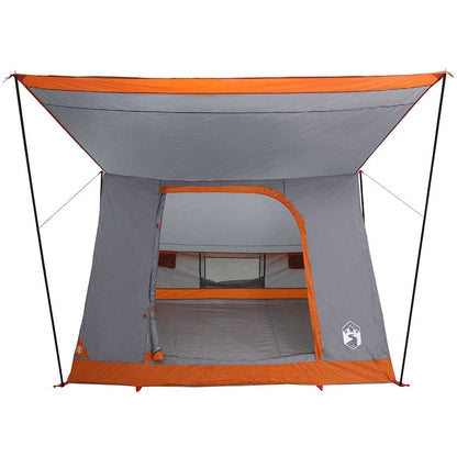Zijaanzicht van de vidaXL Camping Tent in grijs en oranje met open E-poort.