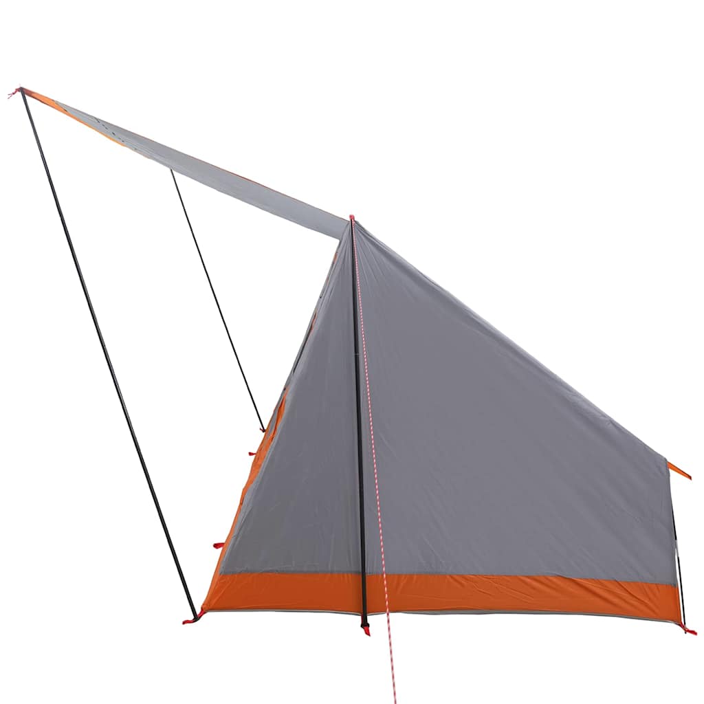 Detail van de grijs-oranje vidaXL campingtent met schuin dak en stevige stokken.