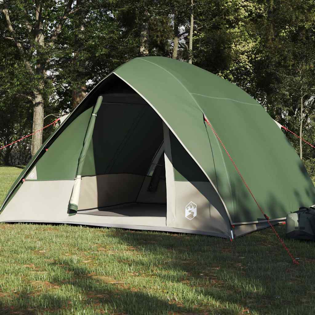 Zijaanzicht van de vidaXL groene campingtent met open ingang en stevige bevestigingen.