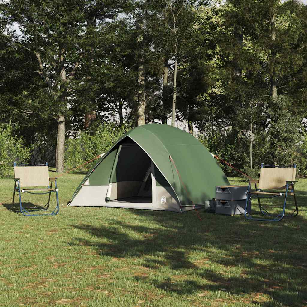 Groene vidaXL campingtent 320 x 275 x 190 cm, opgesteld in een bosrijke omgeving.