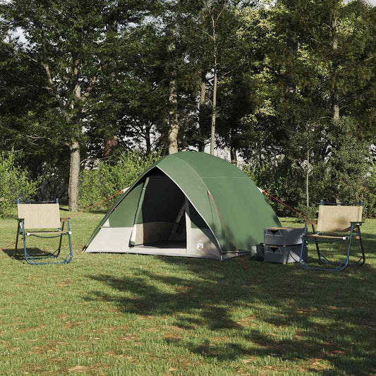Groene vidaXL campingtent 320 x 275 x 190 cm, opgesteld in een bosrijke omgeving.