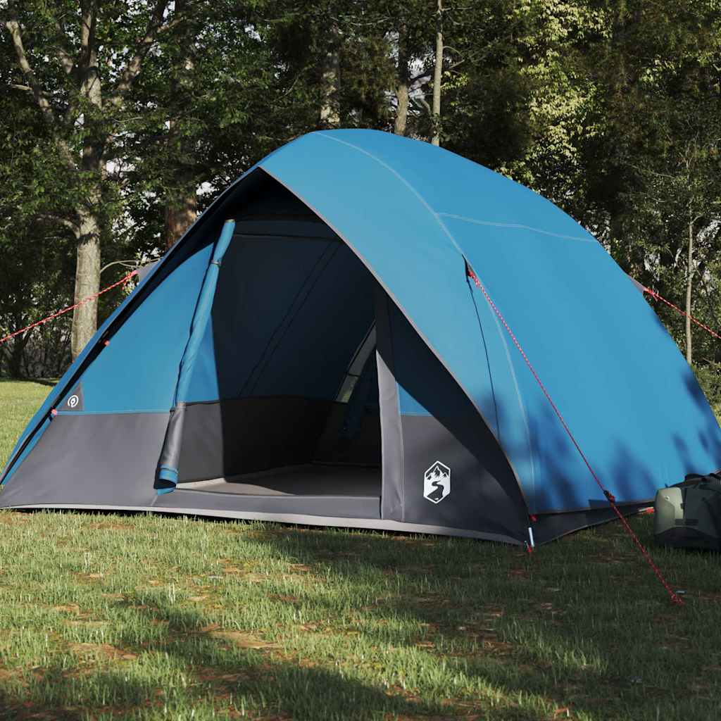 Zijaanzicht van de vidaXL Camping Tent in blauw, met een ruime ingang en stevige bevestigingen.