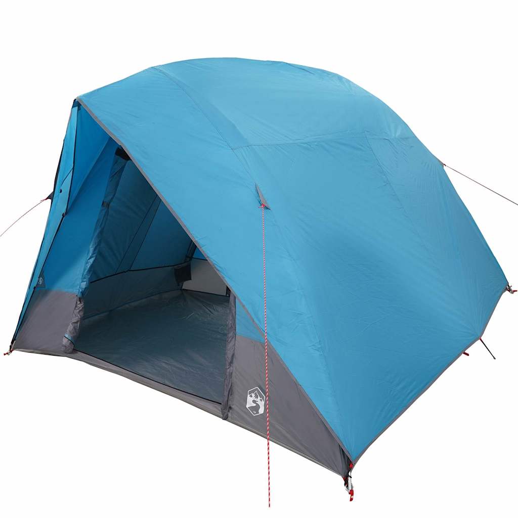Zijaanzicht van de blauwe vidaXL camping tent met een ruime ingang en ventilatie.