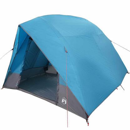 Zijaanzicht van de blauwe vidaXL camping tent met een ruime ingang en ventilatie.