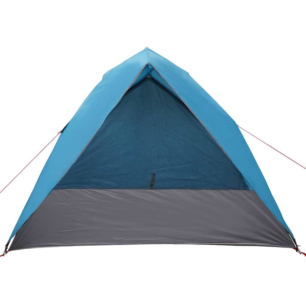 Detail van de blauwe vidaXL camping tent met een grijze onderkant en open ingang.