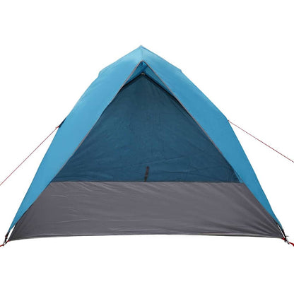 Detail van de blauwe vidaXL camping tent met een grijze onderkant en open ingang.