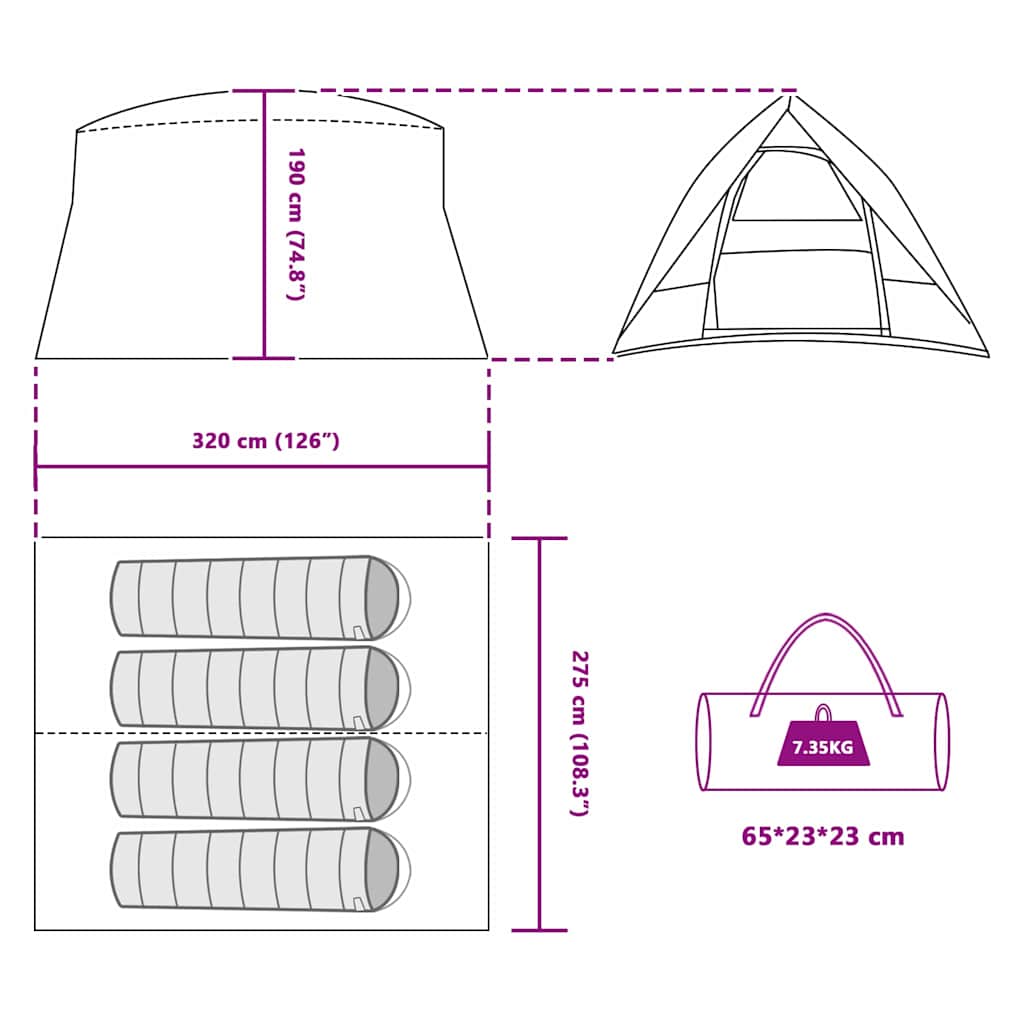 Detailweergave van de afmetingen en opslagcapaciteit van de vidaXL Camping Tent in blauw.