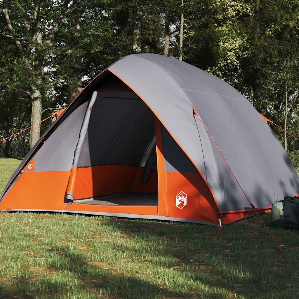 Detail van de vidaXL Camping Tent in grijs en oranje, zijaanzicht met open ingang.