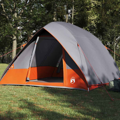 Detail van de vidaXL Camping Tent in grijs en oranje, zijaanzicht met open ingang.