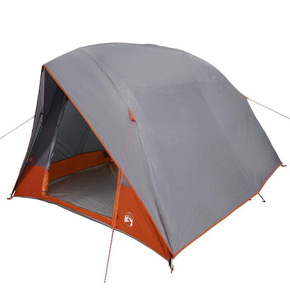 Zijaanzicht van de vidaXL Camping Tent in grijs en oranje, met open ingang.