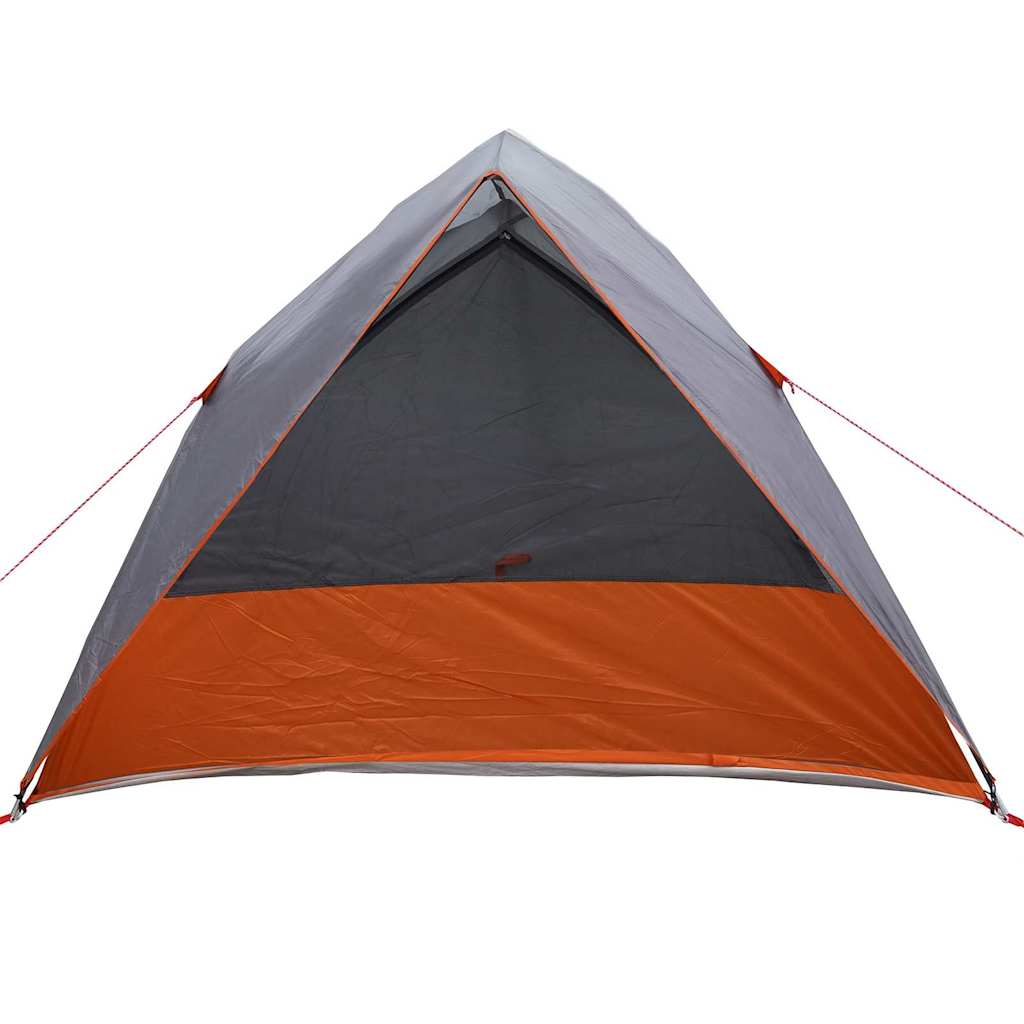 Detail van de grijze en oranje vidaXL campingtent, met zicht op de ingang en dakconstructie.