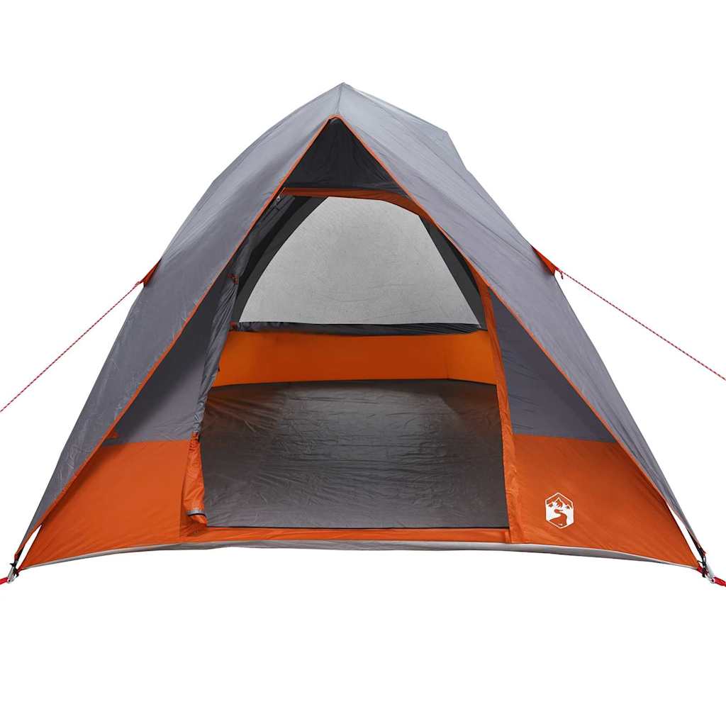 Detail van de vidaXL campingtent in grijs en oranje, met open ingang en ruime binnenkant.