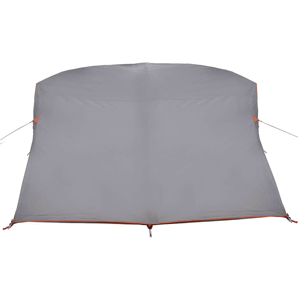 Detail van de grijze en oranje vidaXL campingtent, zicht op het dak vanuit een bovenaanzicht.