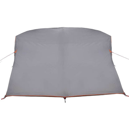 Detail van de grijze en oranje vidaXL campingtent, zicht op het dak vanuit een bovenaanzicht.