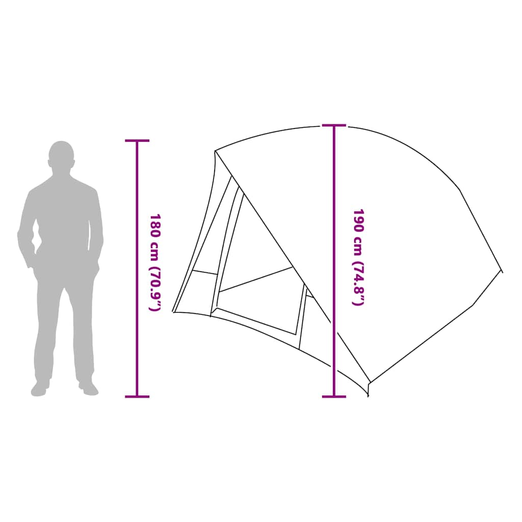 Zijaanzicht van de vidaXL Camping Tent met afmetingen en hoogte van 190 cm.