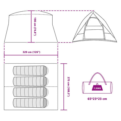 Detail van de afmetingen en specificaties van de vidaXL Camping Tent in grijs en oranje.