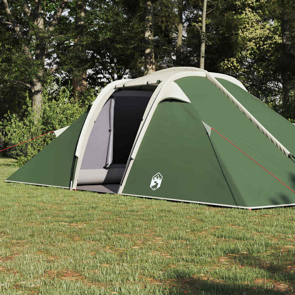 Detail van de vidaXL tunnel tent in groen, zijaanzicht met open ingang en stevige constructie.