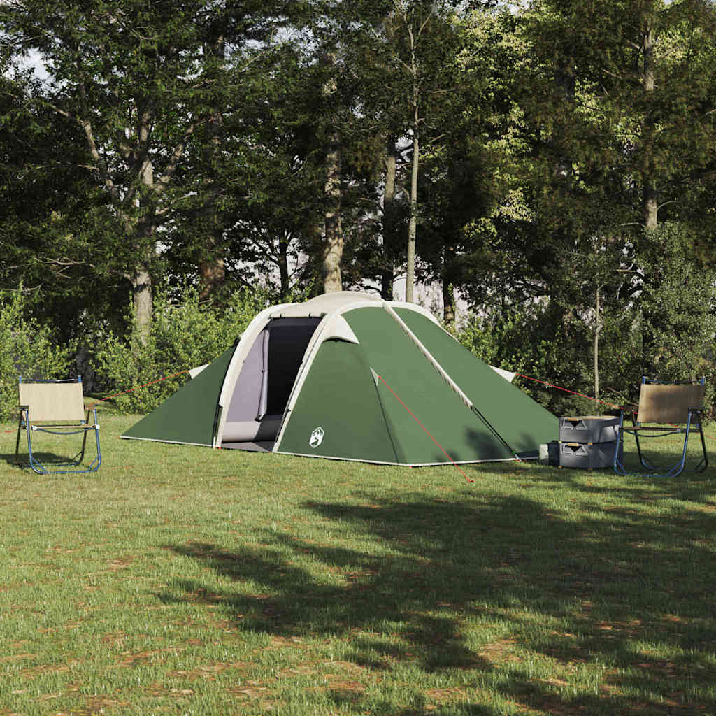 vidaXL Tunnel tent in groen, opzet met fiberglas palen in een bosrijke omgeving.