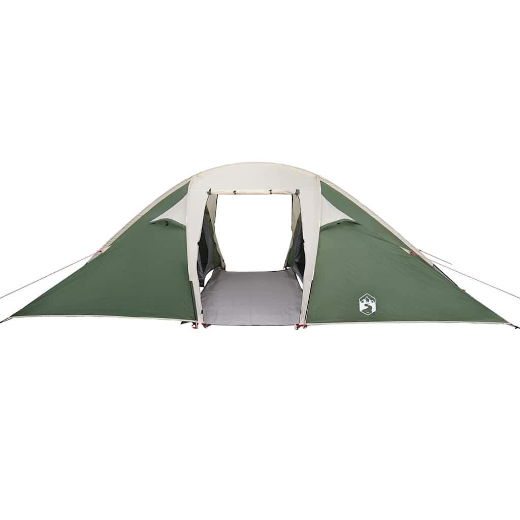 Zijaanzicht van de vidaXL Tunnel tent in groen met open ingangen.