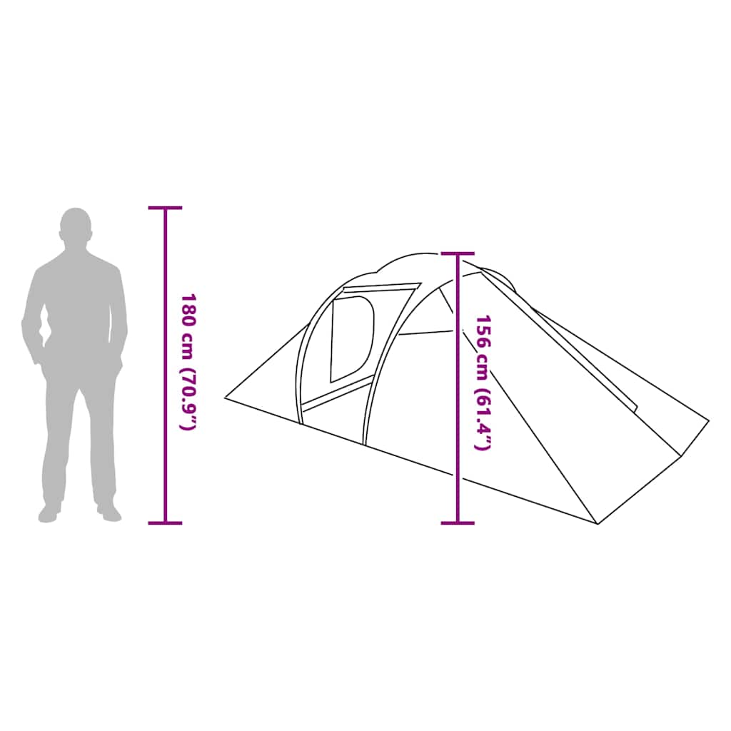 Zijaanzicht van de vidaXL Tunnel tent met afmetingen en in hoogte van 156 cm.