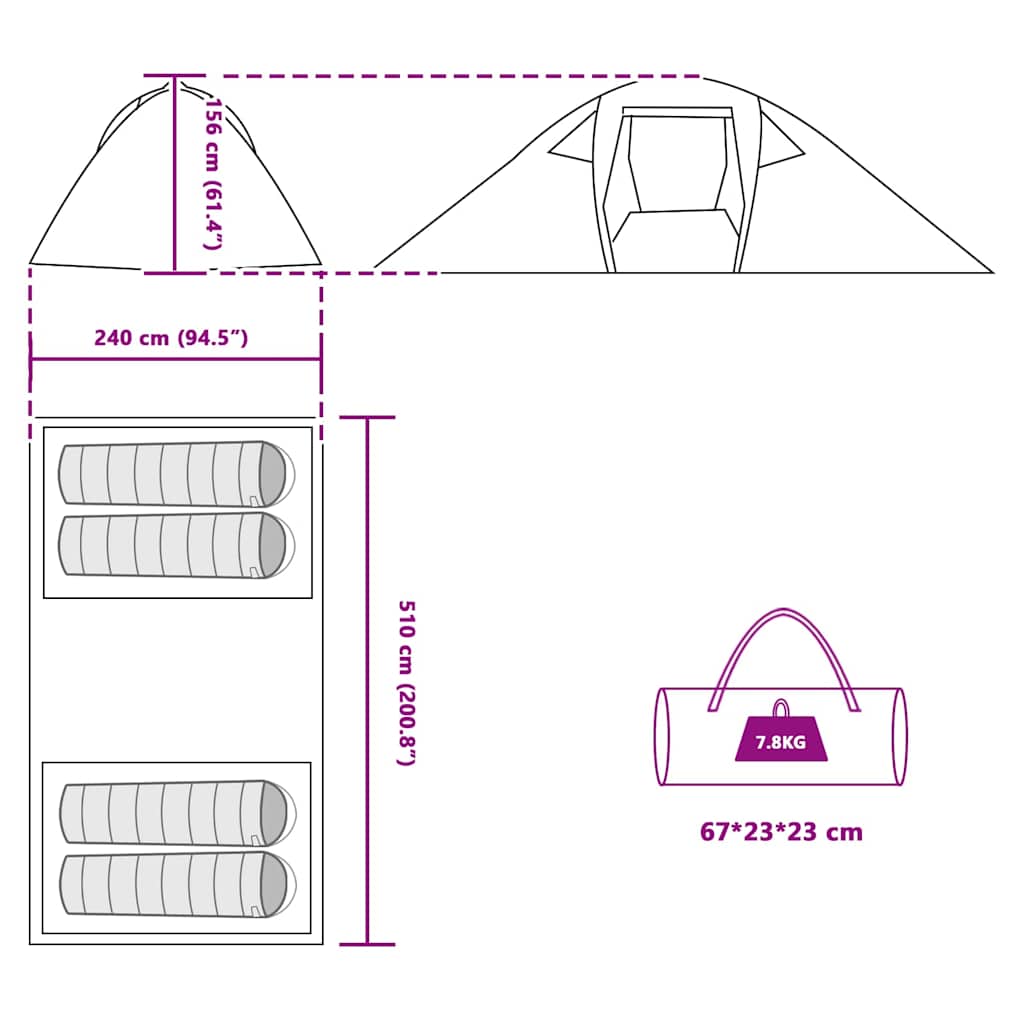 Detailweergave van de vidaXL Tunnel tent met afmetingen en draagtas in groen.